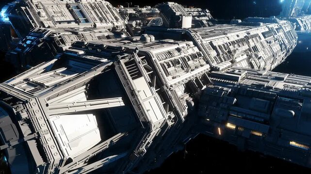 Orbital station freighter above Earth, cinematic docking sequence with cargo drones and hull inspection panoramic views of ringed habitation module, glowing