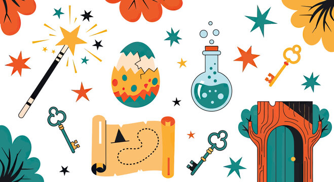 Magical fantasy elements collection featuring magic wand, potion bottle, treasure map, skeleton keys, and dragon egg vector illustration