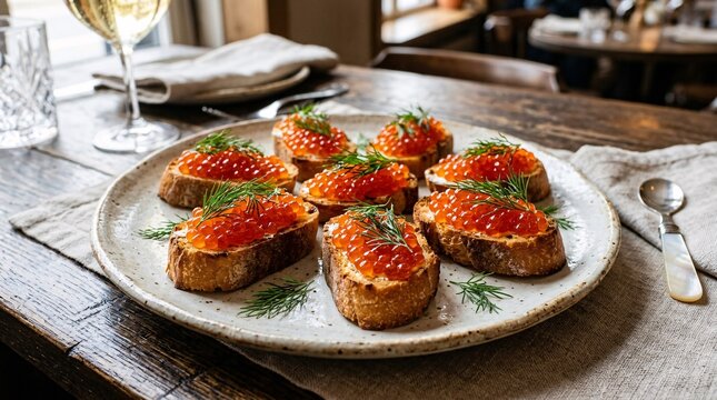 Gourmet appetizer presentation shows thick toasted crostini bread topped with bright red salmon caviar and fresh green dill on ceramic plate.