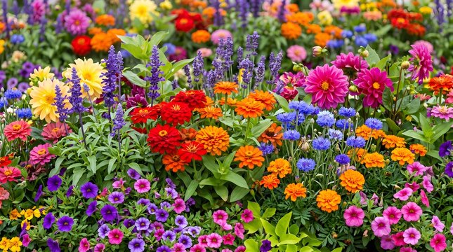  A neatly planted flowerbed bursts with layers of marigolds, zinnias, salvias, and petunias, their warm oranges, purples, reds, and blues blending into a cheerful ribbon of color that brightens any su