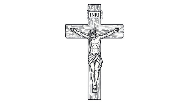 Jesus Christ Crucifixion Cross INRI Line Drawing Christian Symbol