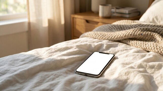 Modern smartphone with blank white screen mockup lying on a cozy unmade bed with linen sheets and knit blanket, bathed in warm morning sunlight from a window, ideal for lifestyle tech copy space.