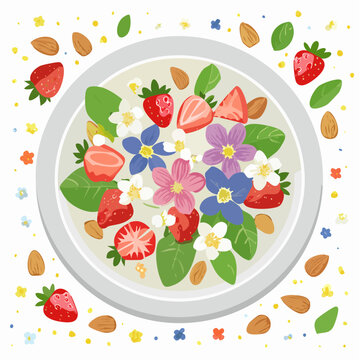 Fr&uuml;hlingssalat mit essbaren Bl&uuml;ten und Erdbeeren
