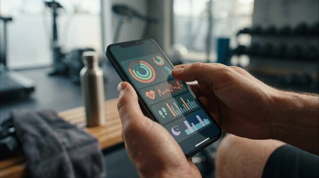 Close up of hand using smartphone fitness app in gym, tracking workout stats, heart rate and progress for modern healthy training