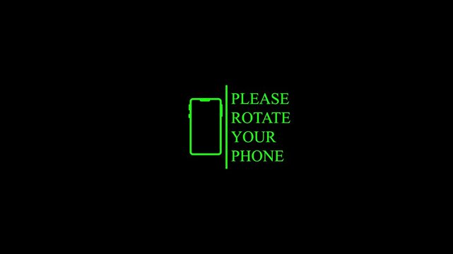 Minimalist white smartphone outline with red line and text prompt please rotate your phone on black background for vertical video orientation guidance