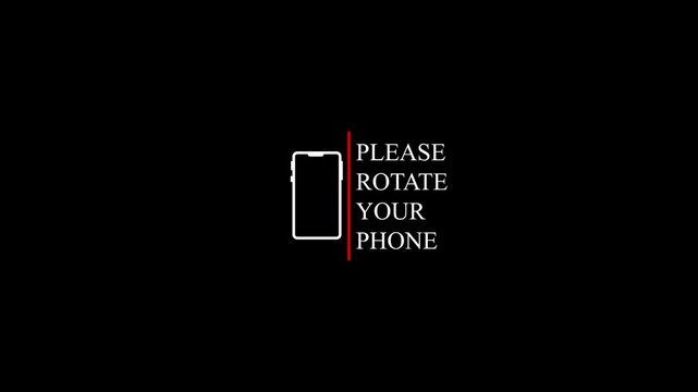 Minimalist white smartphone outline with red line and text prompt please rotate your phone on black background for vertical video orientation guidance