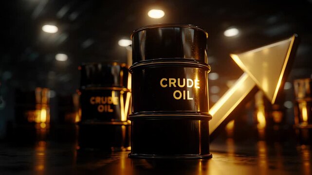 Crude oil barrels rising arrow bullish market signal price surge, glossy black barrels stamped crude oil lined in dimly lit warehouse, warm highlights on metal