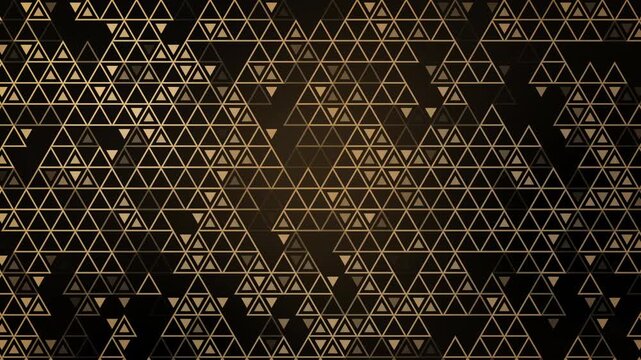 Dark abstract horizontal background composed of thin golden geometric triangle lines and outlines on a dark brown and black gradient. Loop animation.