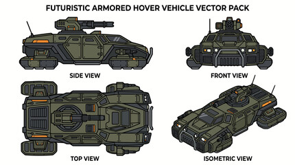 Futuristic Armored Hover Vehicle Vector Pack for SciFi Games. © Vector Stock Assets
