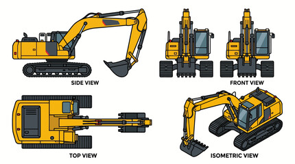 Detailed Engineering Blueprint of a Yellow Hydraulic Excavator in Multiple Projections. © Vector Stock Assets