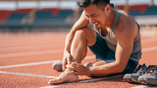 Asian man holding his injured ankle in pain on running track. Athlete suffering from ligament sprain or injury during training. Sports medicine, healthcare and physical trauma concepts.
