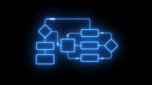 Neon blue glowing flowchart diagram animation with lightning sparks on black background representing business process workflow automation and decision making