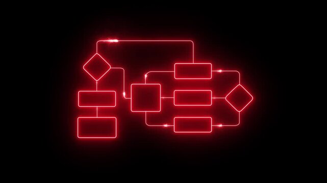 Neon blue glowing flowchart diagram animation with lightning sparks on black background representing business process workflow automation and decision making