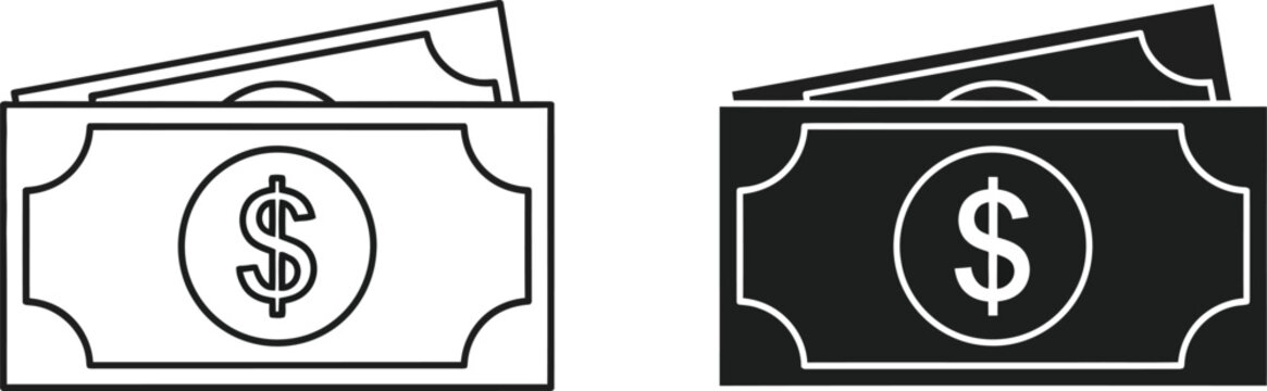 Money stack icon set line art and solid silhouette versions