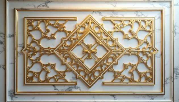 Golden ornate pattern on white marble wall. Luxury interior decor, geometric design with floral accents. Elegant surface detail, rich texture, classic architectural element.