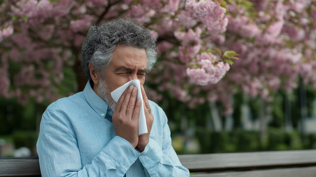 Man blowing nose in tissue during spring allergy season outdoors. Mature person with seasonal rhinitis symptoms sneezing near blooming cherry tree. Pollen reaction and health concept.