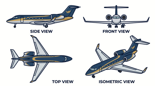 Private Business Jet Aircraft Orthographic Projections Set.
