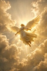 Obraz premium Ethereal angel amidst golden clouds.