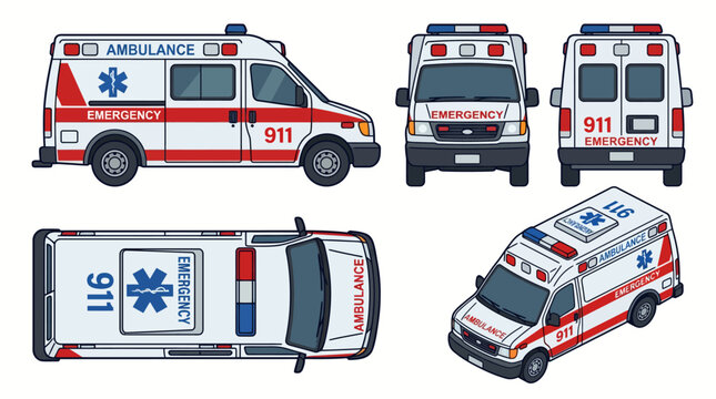Set of ambulance vehicle views for medical emergency services.