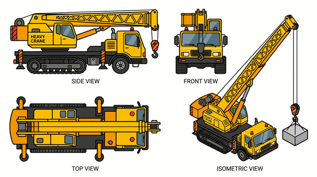 Set of engineering construction crane in multiple views.