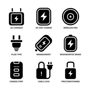 Set of nine icons representing various electric vehicle charging features and components