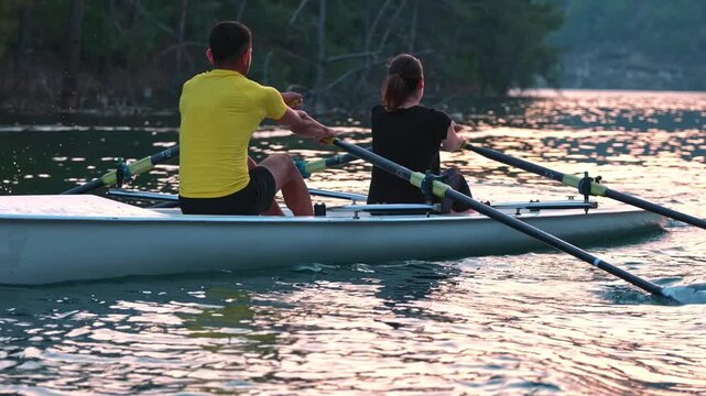 Close cinematic view of two rowers gliding across a calm lake surrounded by rocky hills and pine trees during sunset. Peaceful outdoor sports scene with teamwork and motion on freshwater.
