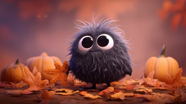 Fuzzy monster in autumn pumpkin patch smiling plush creature surrounded by pumpkins and colorful leaves, oversized eyes and open mouth showing joyful