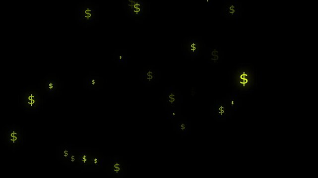 Glowing green dollar signs on black background. Financial profit symbol for money growth and success. Digital dollar signs animation for wealth.