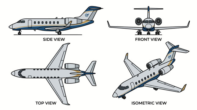 Technical blueprint of a business private jet aircraft in four projections.