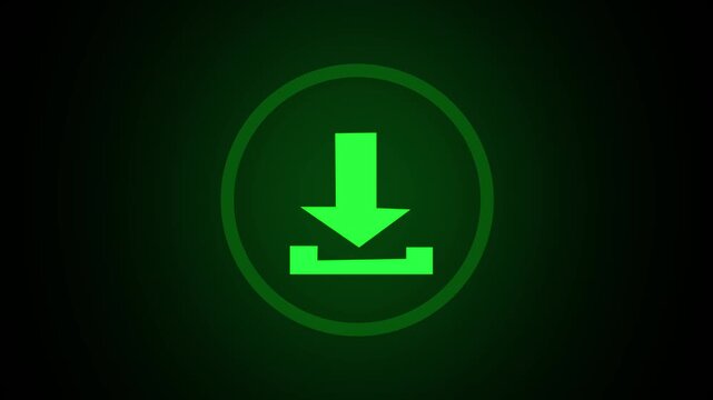 Green download icon in oval frame with glow. Cloud computing symbol for web data processing. Digital download animation for system status.