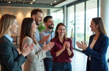 Obraz premium A diverse group of happy business professionals clap hands in a modern office setting. People smile celebrating success and achievement. Colleagues show appreciation for good work.