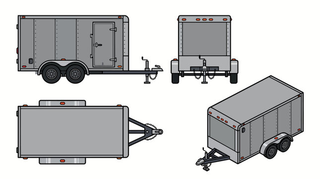 Technical drawing set of a cargo trailer in multiple views.