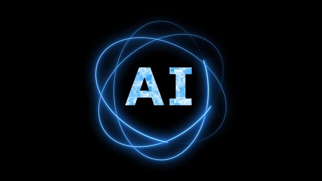 AI logo with orbiting blue light trails animation. Artificial intelligence symbol for futuristic technology. Digital AI animation for machine learning data.