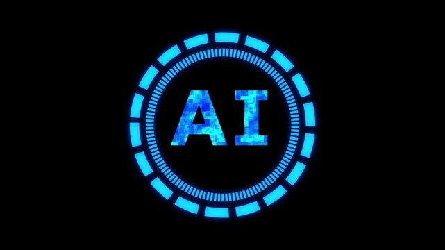 AI text within digital circular interface technology. Artificial intelligence symbol for neural processor data. Digital AI animation for smart system brain.