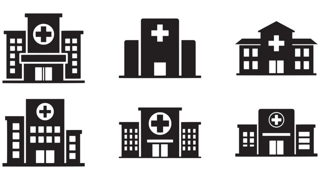 Hospital building icons with medical cross symbols in various front view silhouettes for healthcare and emergency service design