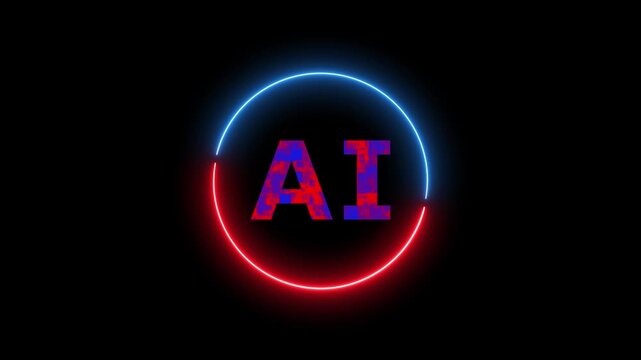AI text inside glowing red and blue circle. Artificial intelligence symbol for cybersecurity system technology. Digital AI animation for data network.