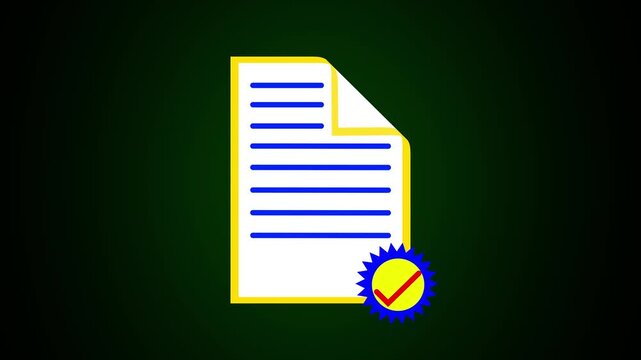 Document with seal of approval icon on paper file. Certified documentation symbol for business compliance. Digital document animation for verified archive.