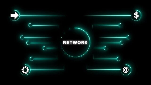 Network diagram with teal neon lines and icons. Information technology symbol for computer communication. Digital network diagram animation for server data.