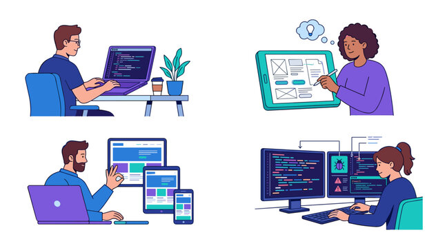 vector developer programmer coding technology workspace design scenes collection