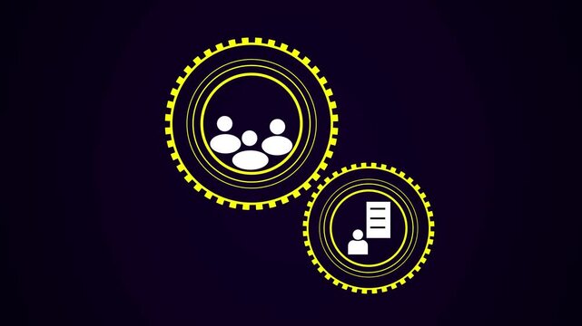 Interlocking gears with people and document icons. Business process symbol for team workflow collaboration. Digital gears animation for corporate network.