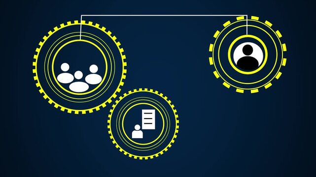 Connected gears representing business process optimization. Mechanical engineering symbol for industry system. Digital gears animation for workflow management.