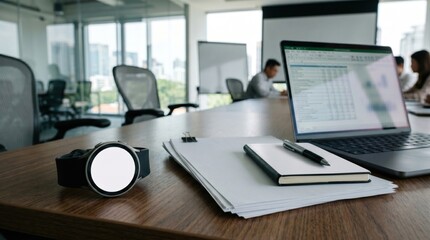 Naklejka premium Smartwatch mockup with blank screen next to a laptop displaying financial spreadsheets, notebook, and pen on a wooden office table with colleagues in blurred background under bright daylight