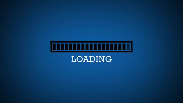 Blue loading bar with text progress indicator on black. System download symbol for software installation. Digital loading bar animation for computer data.