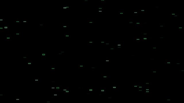 Black background with scattered green and white rectangles. Abstract geometry pattern for modern design layout. Digital rectangle animation for backdrop.