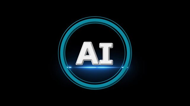 AI text in glowing circle for artificial intelligence. Artificial intelligence symbol for smart technology data. Digital AI text animation for cyber brain.