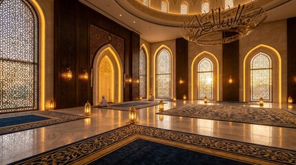 Obraz premium Luxury Mosque Interior with Elegant Arabesque Patterns and Cinematic Atmosphere