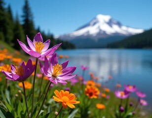 Obraz premium Purple and orange flowers bloom by lake with snow capped Mount Hood visible. Green forest borders calm blue water under clear sky. Peaceful scenic natural landscape.