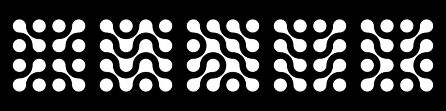 Collection of abstract geometric metaball patterns with fluid connected shapes and modular dot shapes on black background. Modern liquid blob elements set. Minimal retro vector design 