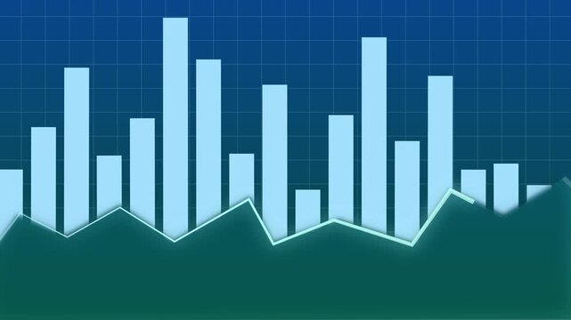 Blue and green financial bar chart and line graph. Business success symbol for economic growth data. Digital bar chart animation for corporate statistics.