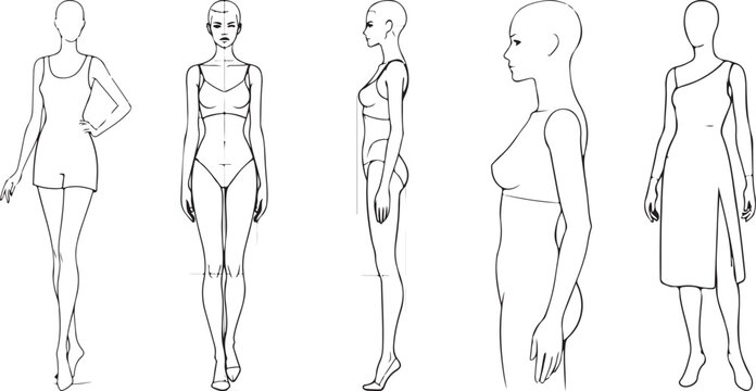 Fashion croquis female figure templates, technical drawing of woman body silhouettes for apparel design, vector set of 5 mannequin poses